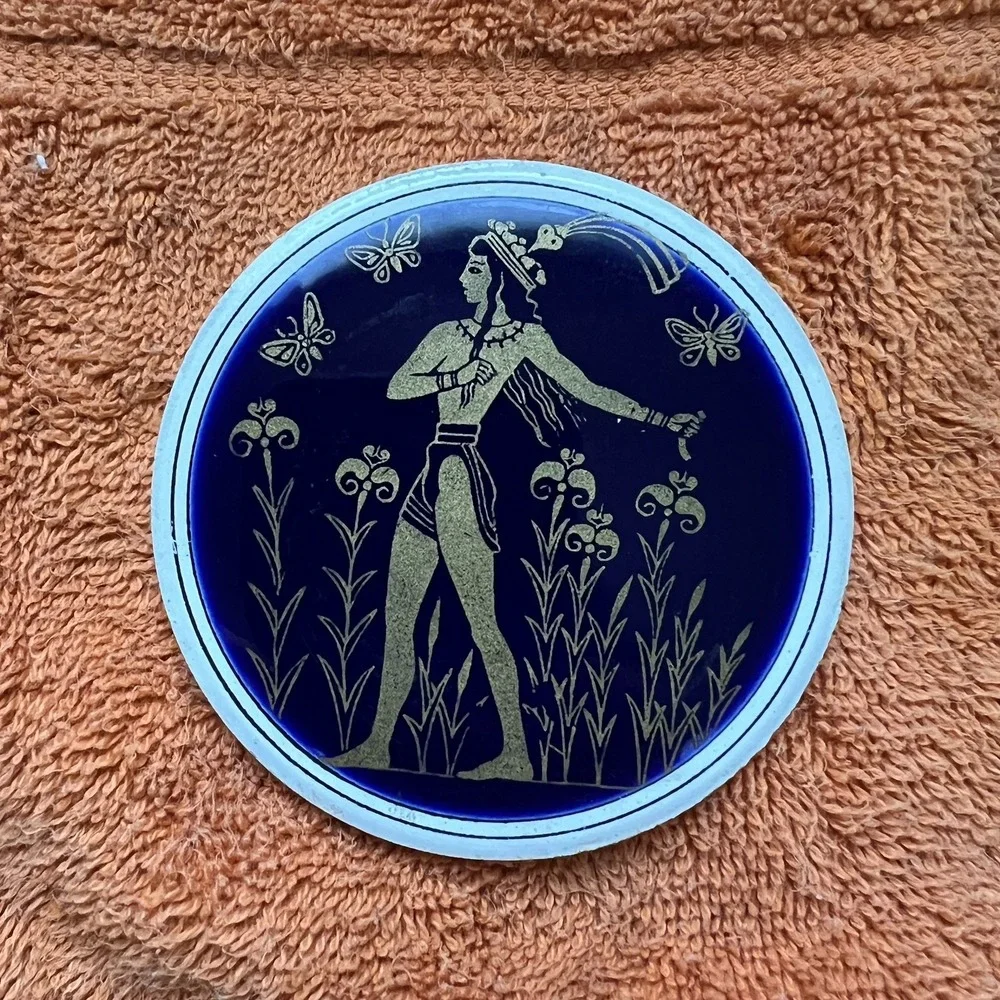 Handmade Greek Ceramic Coaster Plaque Bee Nature Scene Art by Smaltotechniki